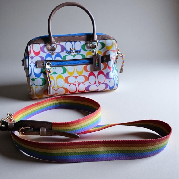COACH ROWAN Ltd Edition Satchel/Crossbody Rainbow Multi Colored Signature Canvas - Picture 1 of 13